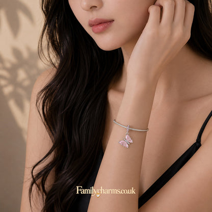 Pink Butterfly Sterling Silver Charm Hallmarked S925 for Charm Bracelet and Necklace