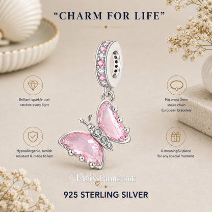 Pink Butterfly Sterling Silver Charm Hallmarked S925 for Charm Bracelet and Necklace