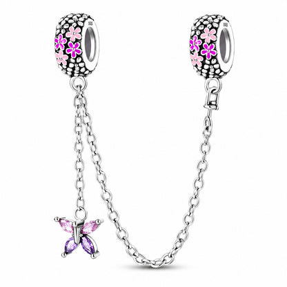 Pink Butterfly Floral Safety Chain Charm for Bracelet, S925 Sterling Silver