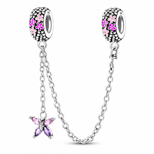 Pink Butterfly Floral Safety Chain Charm for Bracelet, S925 Sterling Silver