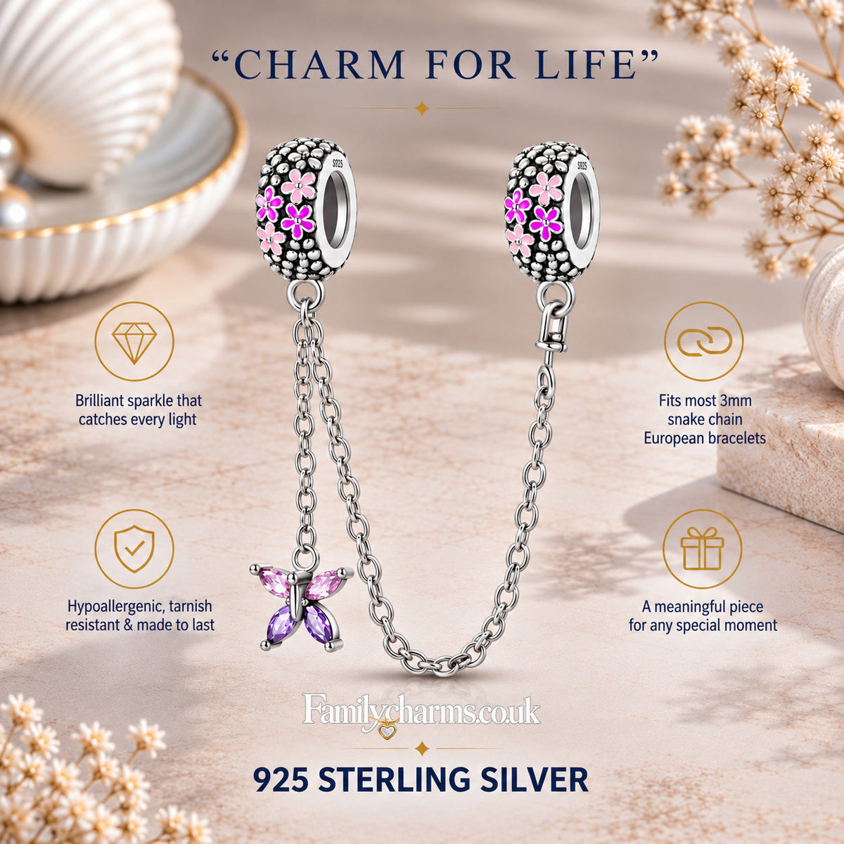 Pink Butterfly Floral Safety Chain Charm for Bracelet, S925 Sterling Silver