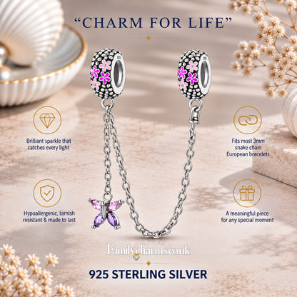 Pink Butterfly Floral Safety Chain Charm for Bracelet, S925 Sterling Silver