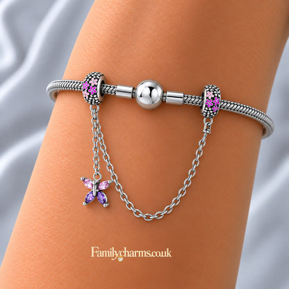 Pink Butterfly Floral Safety Chain Charm for Bracelet, S925 Sterling Silver