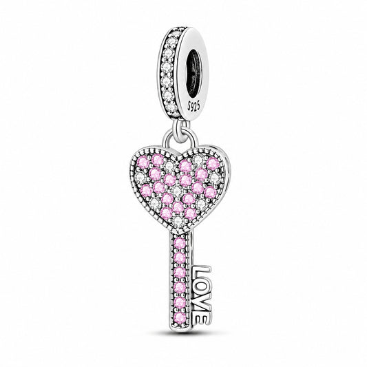 Pink CZ Love Heart Key Sterling Silver Charm Hallmarked S925 for Charm Bracelet and Necklace