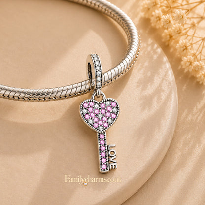 Pink CZ Love Heart Key Sterling Silver Charm Hallmarked S925 for Charm Bracelet and Necklace
