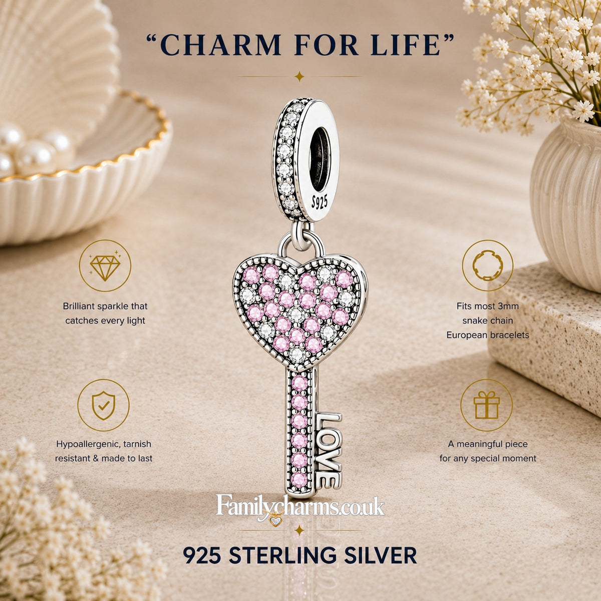 Pink CZ Love Heart Key Sterling Silver Charm Hallmarked S925 for Charm Bracelet and Necklace