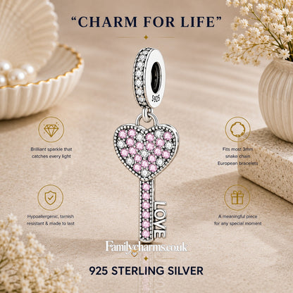 Pink CZ Love Heart Key Sterling Silver Charm Hallmarked S925 for Charm Bracelet and Necklace