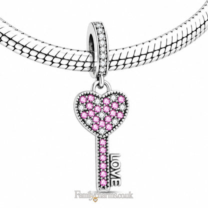 Pink CZ Love Heart Key Sterling Silver Charm Hallmarked S925 for Charm Bracelet and Necklace