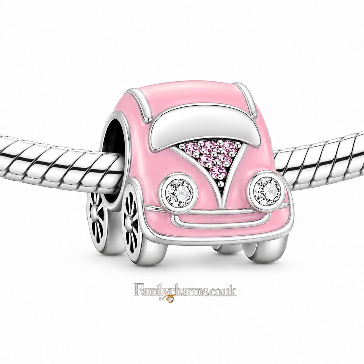 Pink Car Bead Sterling Silver Charm Hallmarked S925 for Charm Bracelet and Necklace