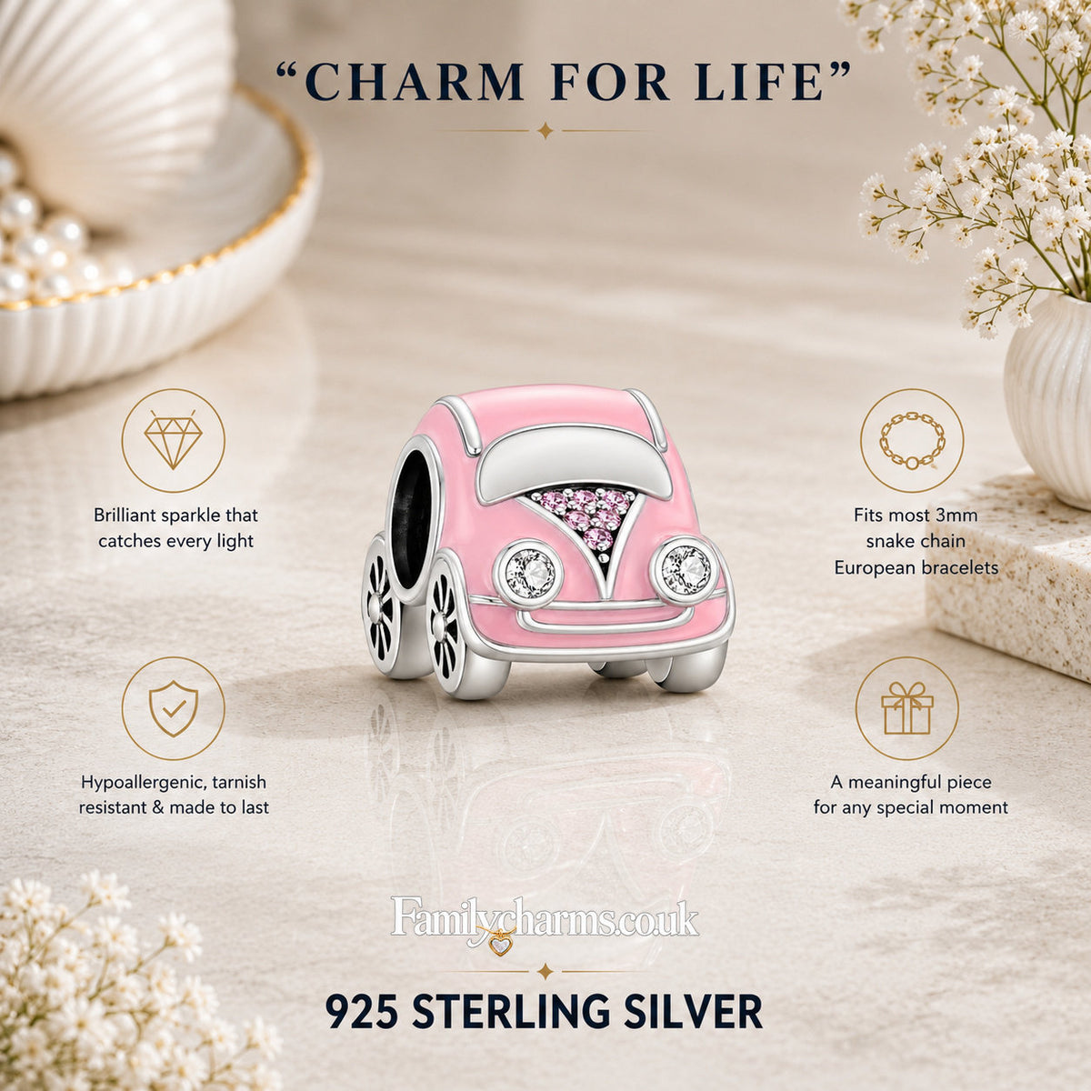 Pink Car Bead Sterling Silver Charm Hallmarked S925 for Charm Bracelet and Necklace