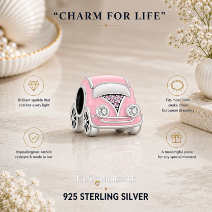 Pink Car Bead Sterling Silver Charm Hallmarked S925 for Charm Bracelet and Necklace