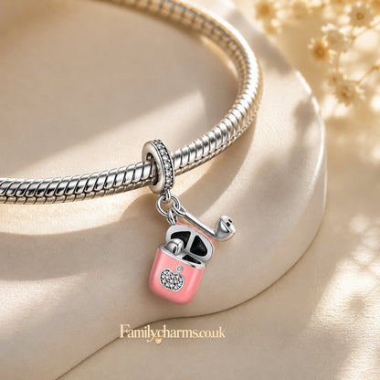 Pink Earphone Sterling Silver Charm Hallmarked S925 for Charm Bracelet and Necklace