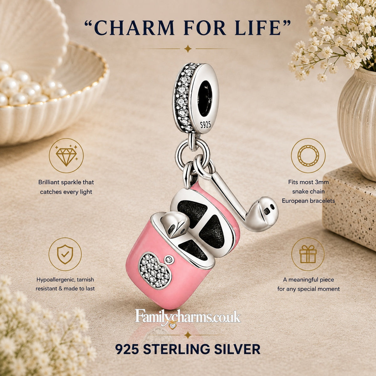 Pink Earphone Sterling Silver Charm Hallmarked S925 for Charm Bracelet and Necklace