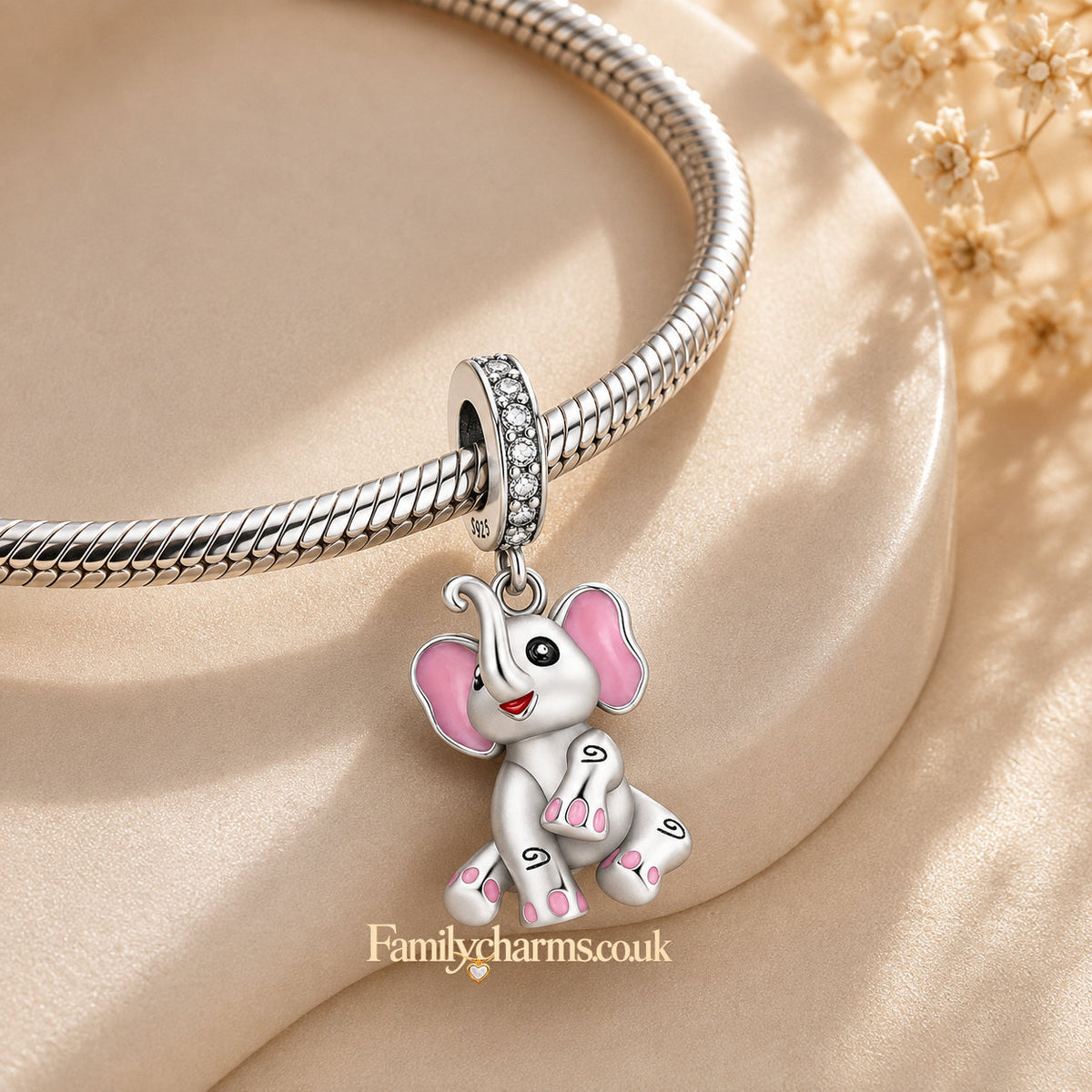 Pink Elephant Dangle Charm Hallmarked S925 for Charm Bracelet and Necklace