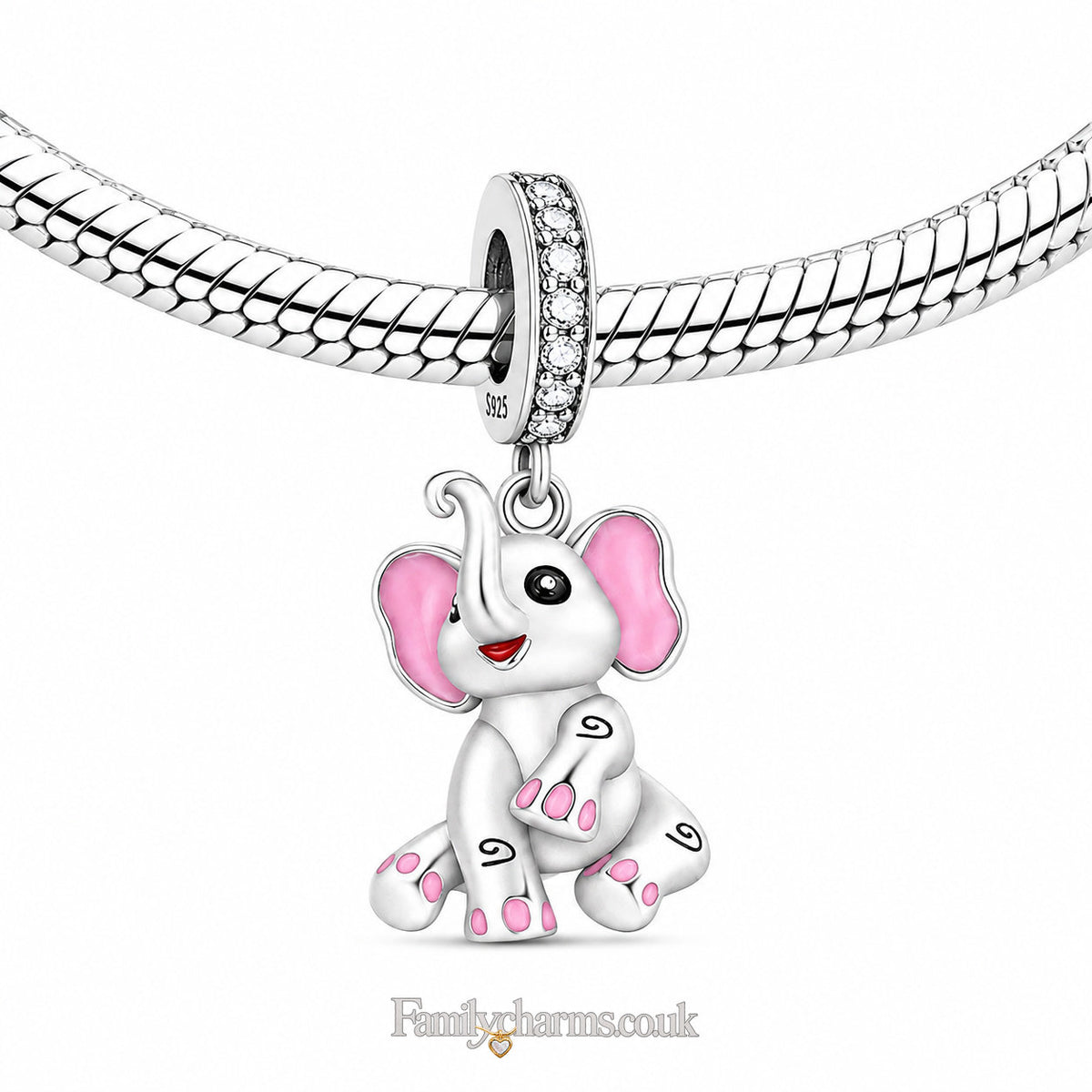 Pink Elephant Dangle Charm Hallmarked S925 for Charm Bracelet and Necklace