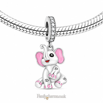Pink Elephant Dangle Charm Hallmarked S925 for Charm Bracelet and Necklace