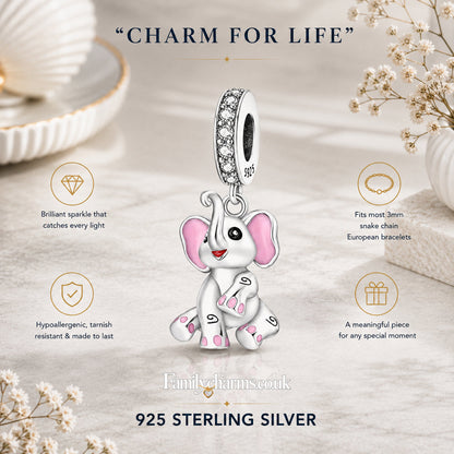 Pink Elephant Dangle Charm Hallmarked S925 for Charm Bracelet and Necklace