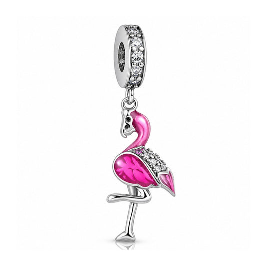 Pink Flamingo Dangle Sterling Silver Charm Hallmarked S925 for Charm Bracelet and Necklace