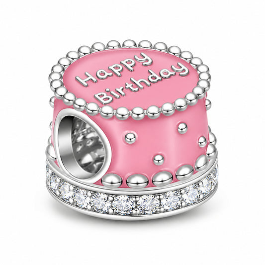 Pink Happy Birthday Cake Sterling Silver Charm Hallmarked S925 for Charm Bracelet and Necklace