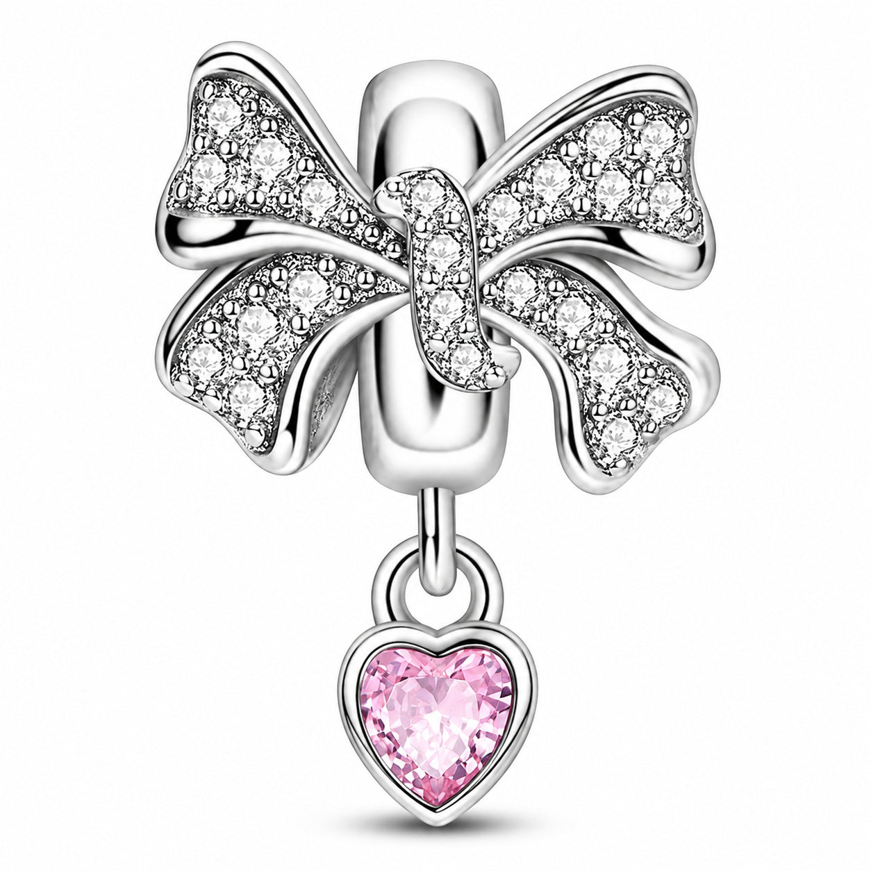 Pink Heart Bow Bead Sterling Silver Charm Hallmarked S925 for Charm Bracelet and Necklace