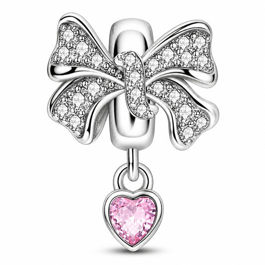 Pink Heart Bow Bead Sterling Silver Charm Hallmarked S925 for Charm Bracelet and Necklace