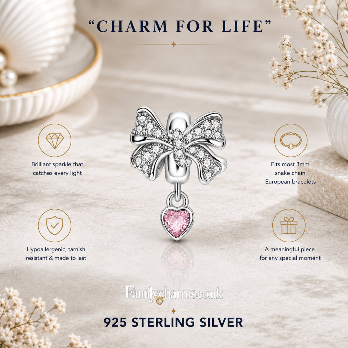 Pink Heart Bow Bead Sterling Silver Charm Hallmarked S925 for Charm Bracelet and Necklace