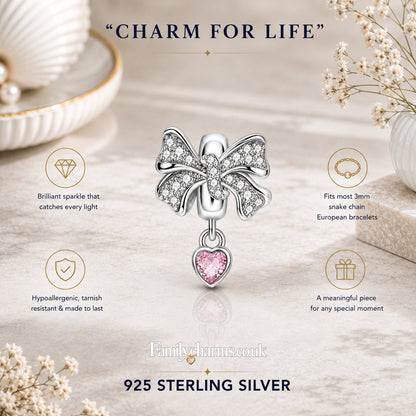 Pink Heart Bow Bead Sterling Silver Charm Hallmarked S925 for Charm Bracelet and Necklace