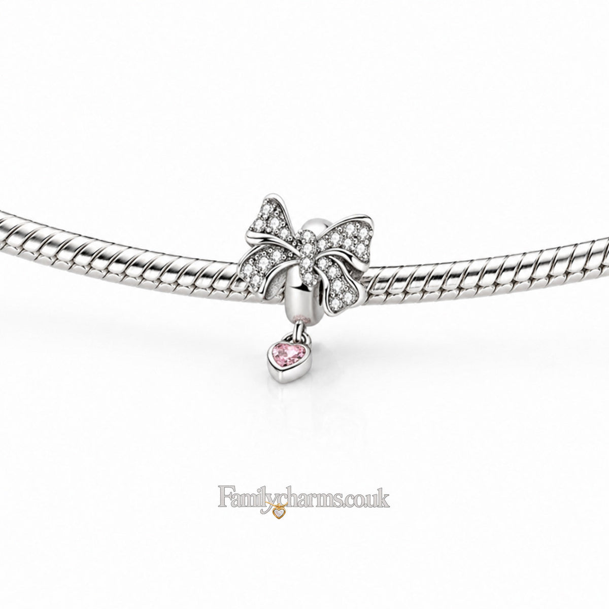 Pink Heart Bow Bead Sterling Silver Charm Hallmarked S925 for Charm Bracelet and Necklace