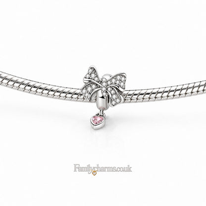 Pink Heart Bow Bead Sterling Silver Charm Hallmarked S925 for Charm Bracelet and Necklace