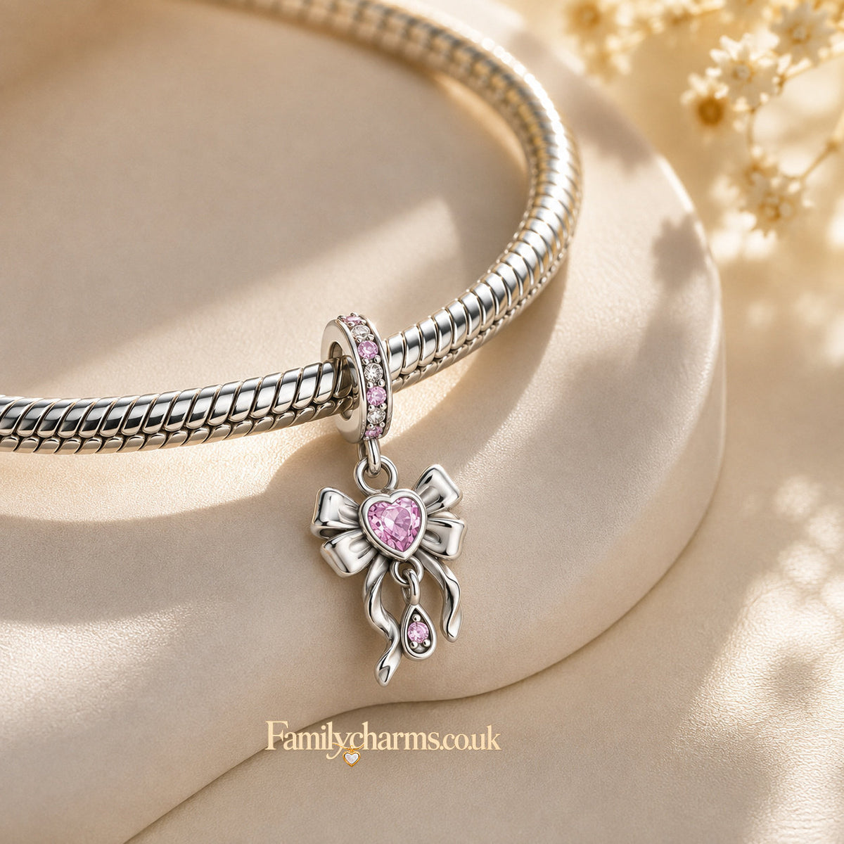 Pink Bow Pendant Sterling Silver Charm Hallmarked S925 for Charm Bracelet and Necklace