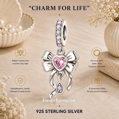 Pink Heart Bow Pendant Charm Hallmarked S925 for Charm Bracelet and Necklace