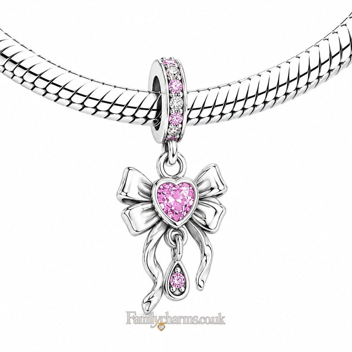 Pink Bow Pendant Sterling Silver Charm Hallmarked S925 for Charm Bracelet and Necklace