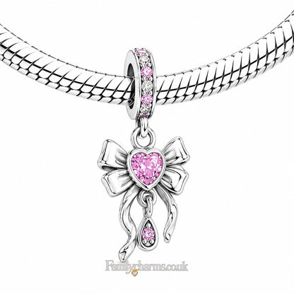 Pink Bow Pendant Sterling Silver Charm Hallmarked S925 for Charm Bracelet and Necklace