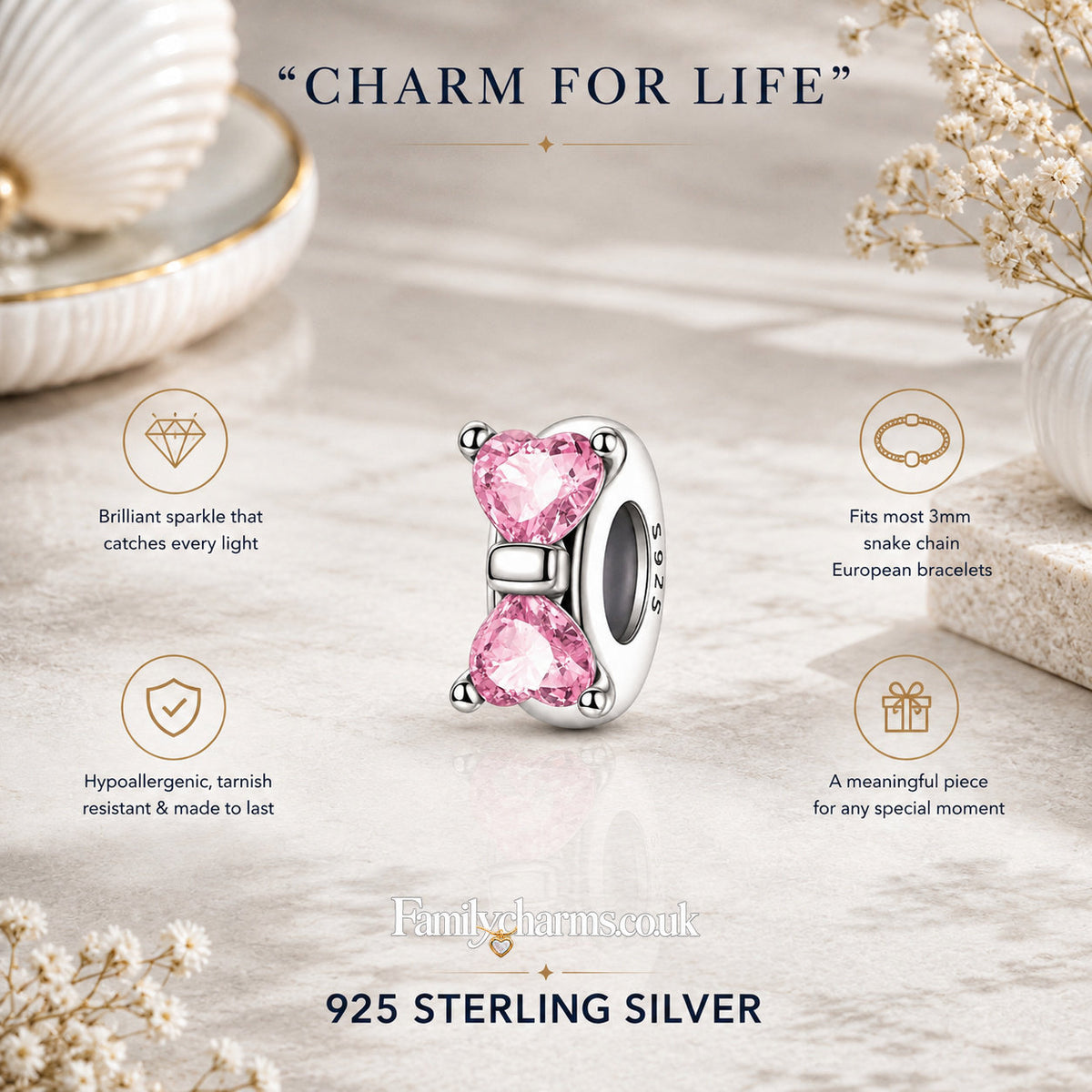 Pink Heart Butterfly Stopper Charm Hallmarked S925 for Charm Bracelet and Necklace