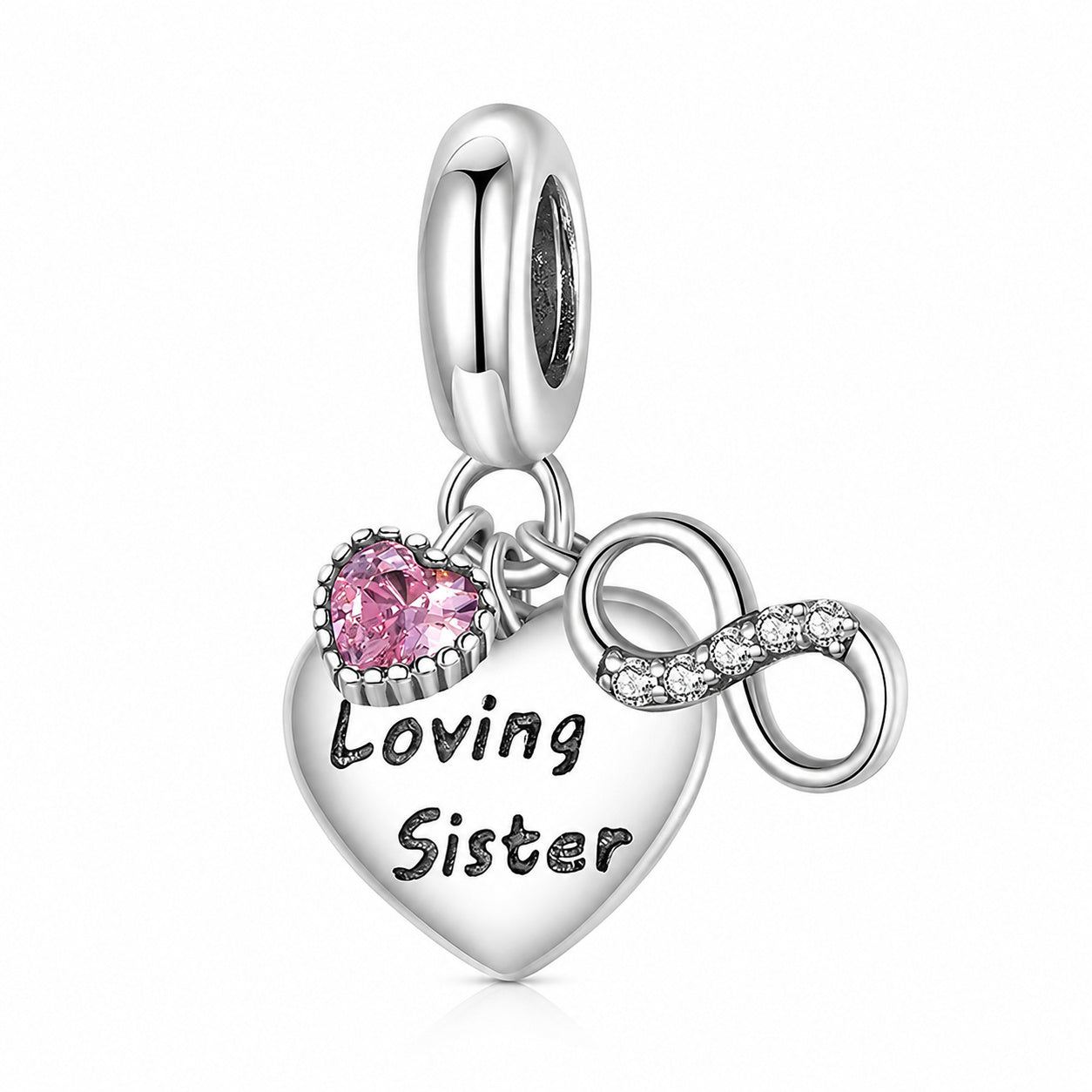 Pink Heart Infinite Loving Sister Family Pendant Sterling Silver Charm Hallmarked S925 for Charm Bracelet and Necklace