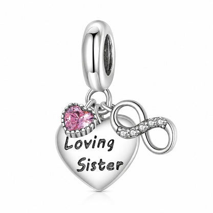 Pink Heart Infinite Loving Sister Family Pendant Sterling Silver Charm Hallmarked S925 for Charm Bracelet and Necklace