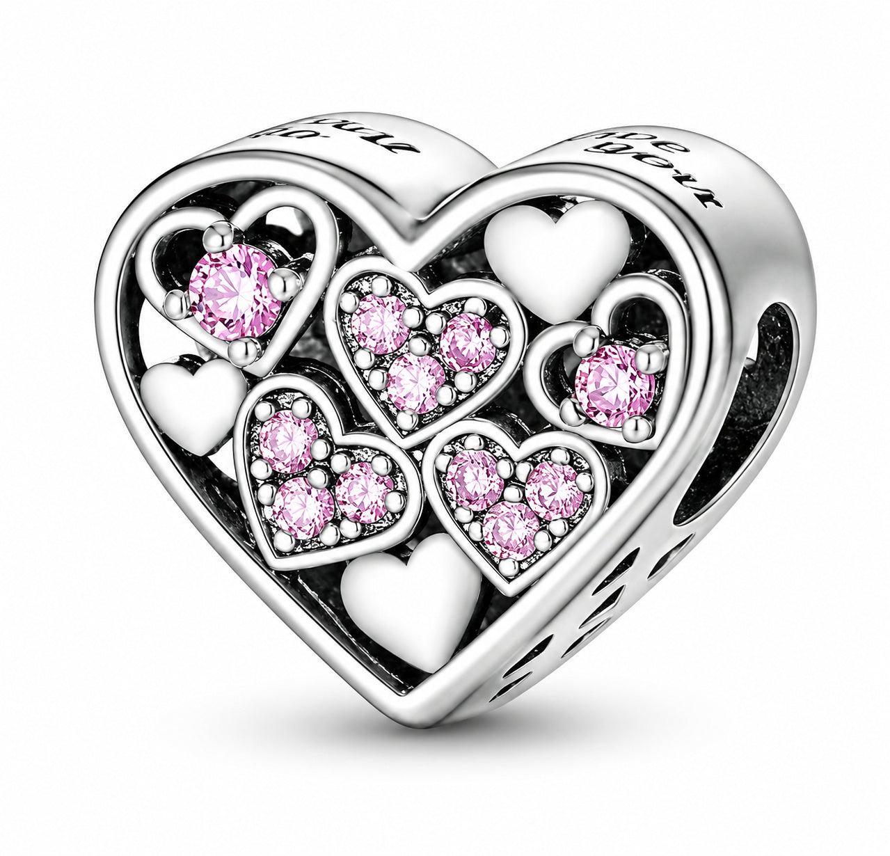 Sterling Silver Pink  Hearts in Heart Bead Sterling Silver Charm Hallmarked S925 for Charm Bracelet and Necklace