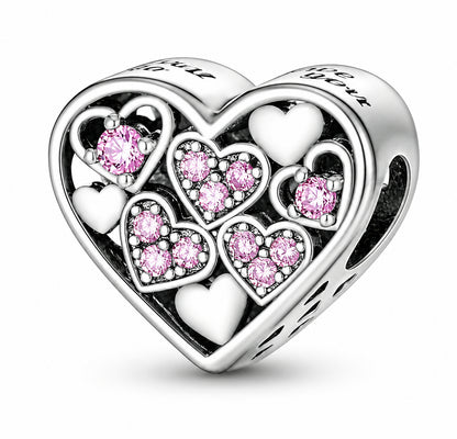 Sterling Silver Pink  Hearts in Heart Bead Sterling Silver Charm Hallmarked S925 for Charm Bracelet and Necklace