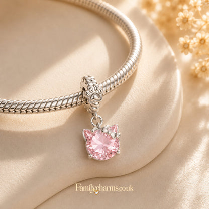 Pink Kitty With Paw Print Dangle Sterling Silver Charm Hallmarked S925 for Charm Bracelet and Necklace