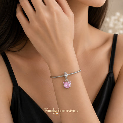 Pink Kitty With Paw Print Dangle Sterling Silver Charm Hallmarked S925 for Charm Bracelet and Necklace