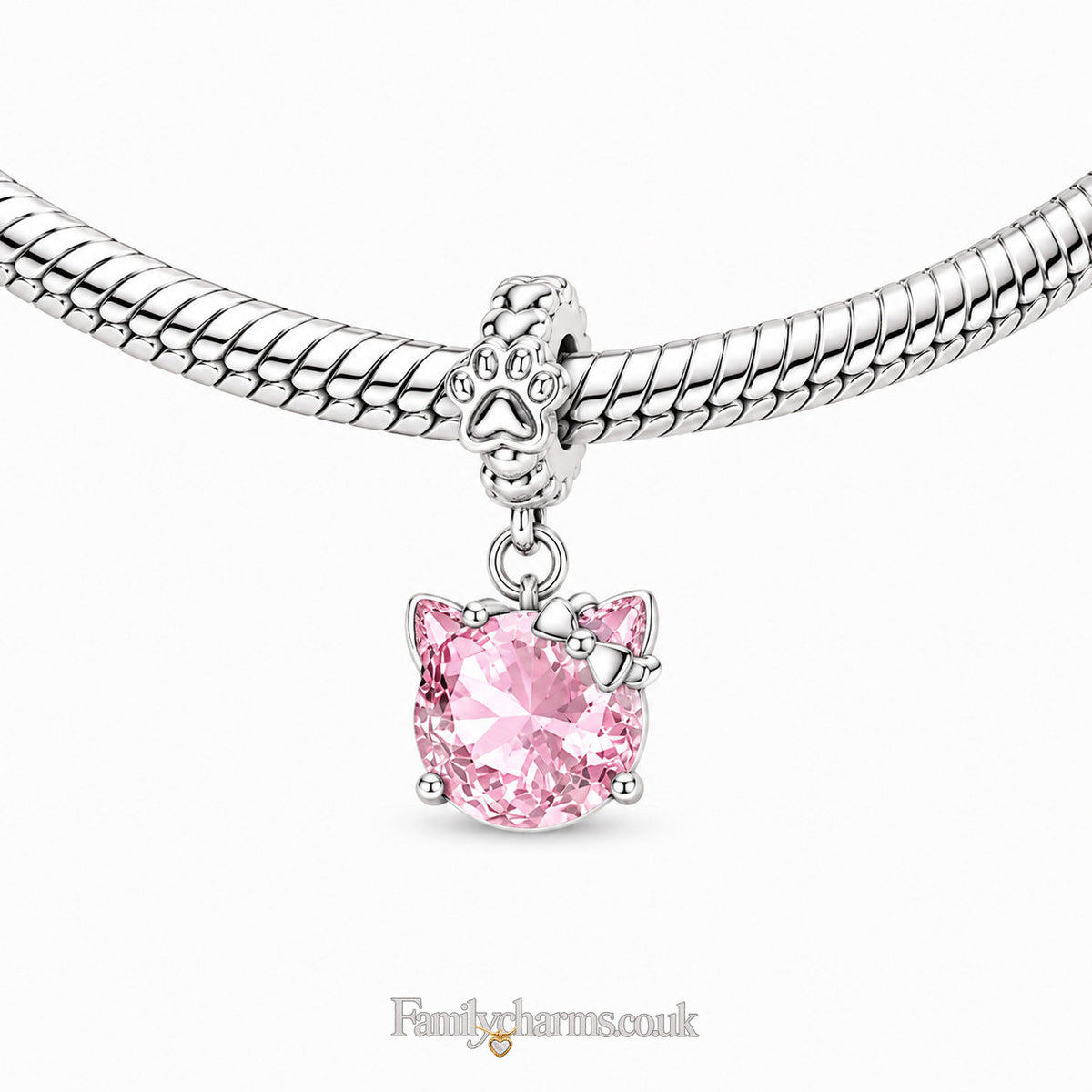 Pink Kitty With Paw Print Dangle Sterling Silver Charm Hallmarked S925 for Charm Bracelet and Necklace