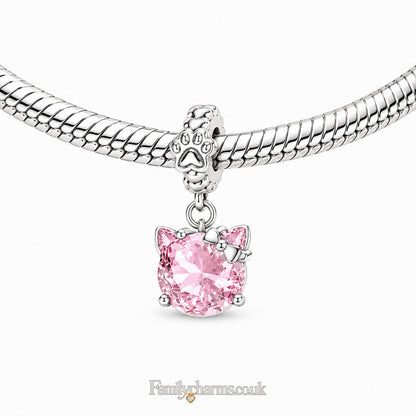 Pink Kitty With Paw Print Dangle Sterling Silver Charm Hallmarked S925 for Charm Bracelet and Necklace