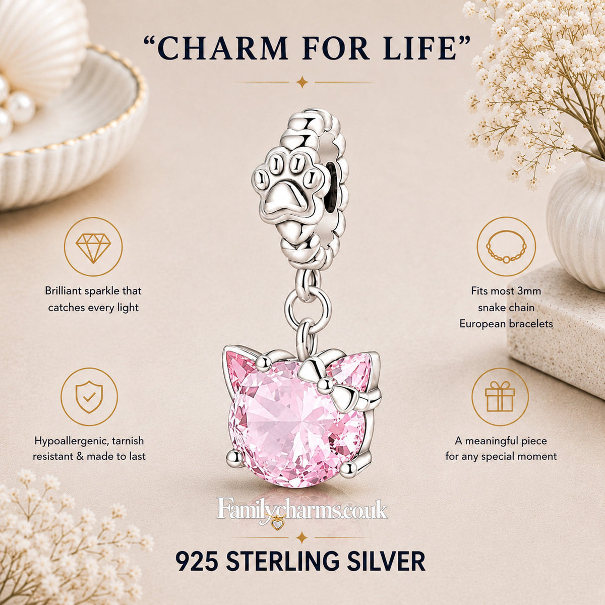 Pink Kitty With Paw Print Dangle Sterling Silver Charm Hallmarked S925 for Charm Bracelet and Necklace