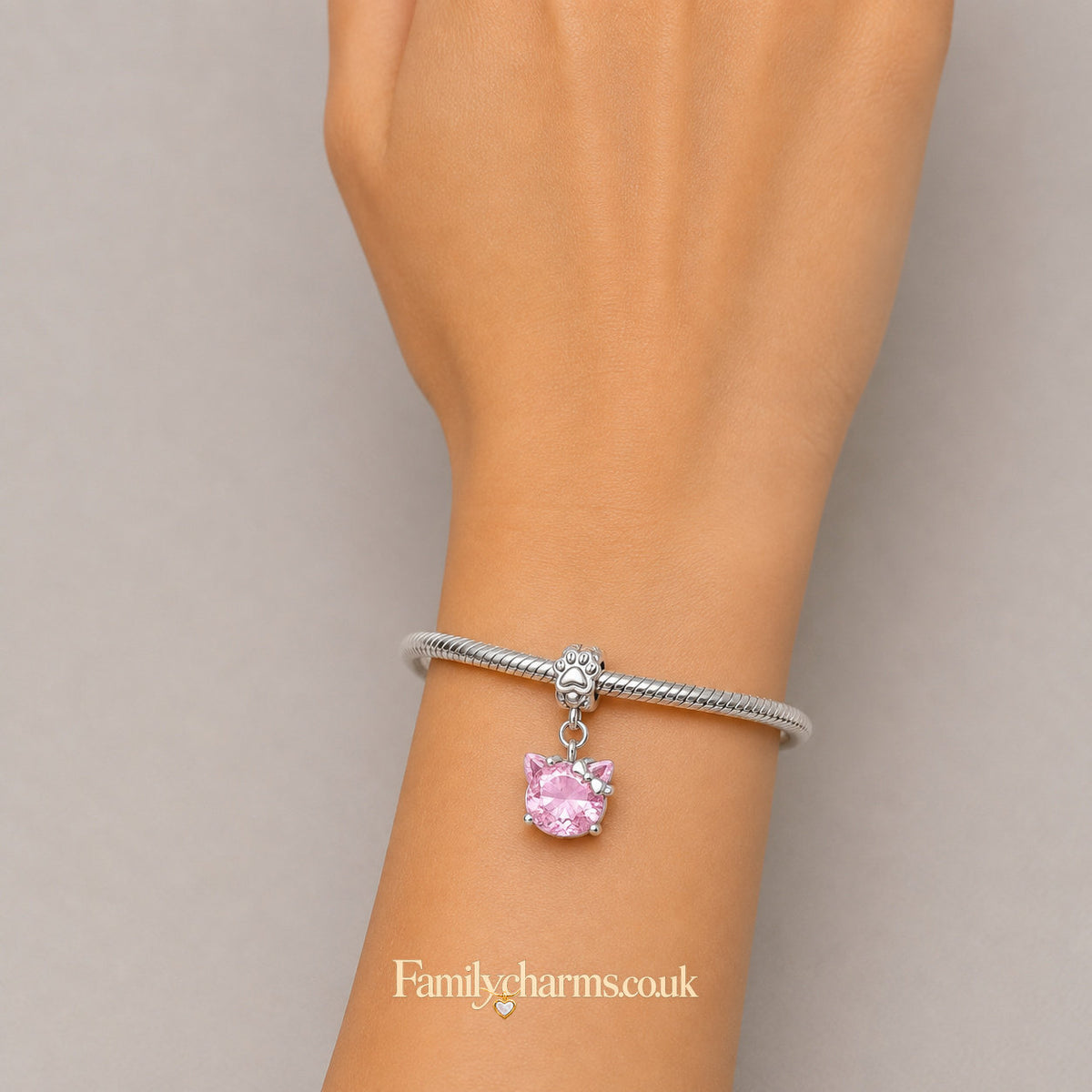 Pink Kitty With Paw Print Dangle Sterling Silver Charm Hallmarked S925 for Charm Bracelet and Necklace