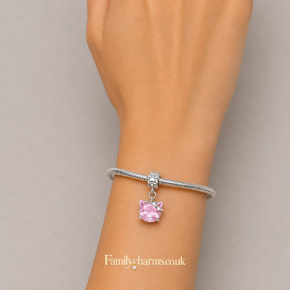 Pink Kitty With Paw Print Dangle Sterling Silver Charm Hallmarked S925 for Charm Bracelet and Necklace