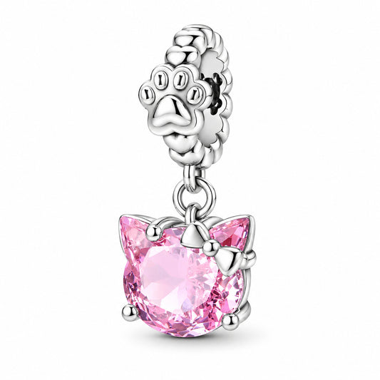 Pink Kitty With Paw Print Dangle Sterling Silver Charm Hallmarked S925 for Charm Bracelet and Necklace