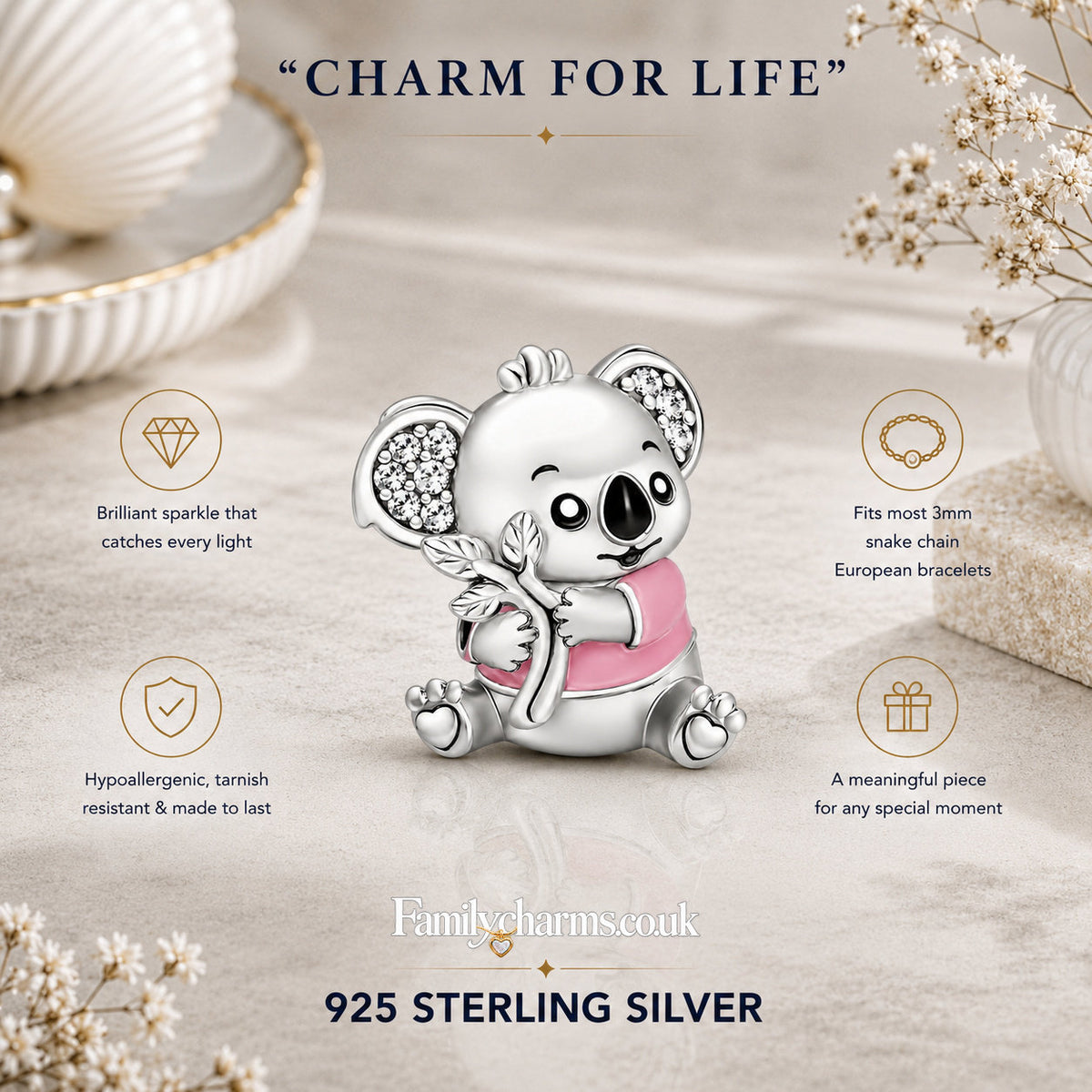 Pink Koala Bead Charm Hallmarked S925 for Charm Bracelet and Necklace