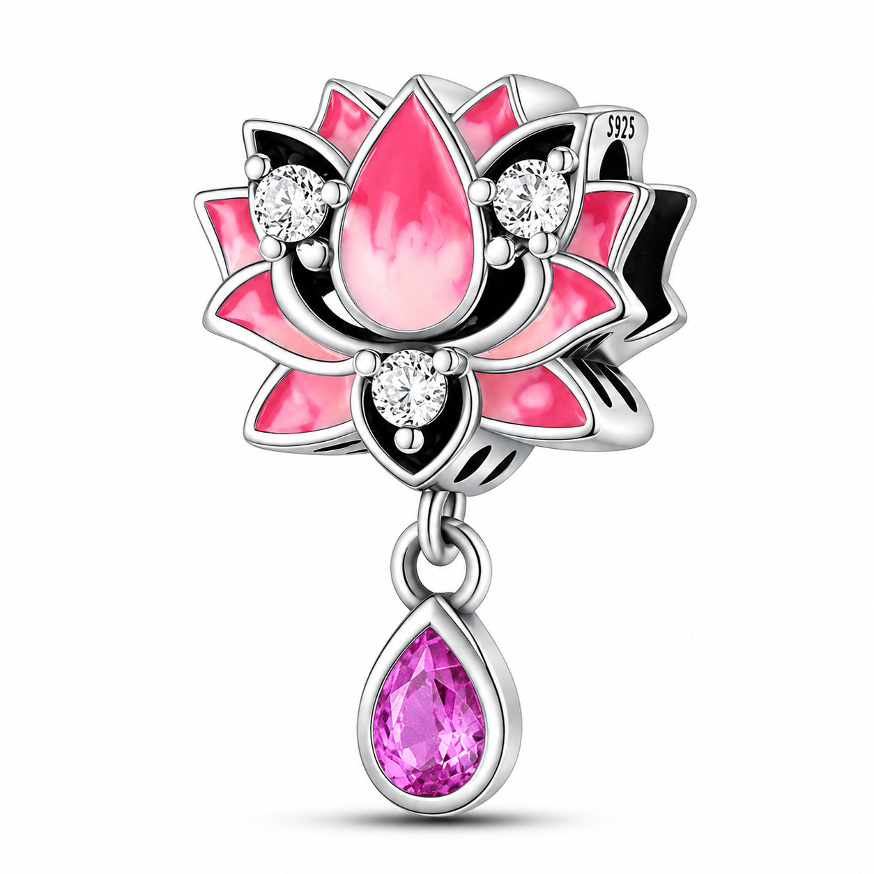 Pink Lotus Flower Sterling Silver Charm Hallmarked S925 for Charm Bracelet and Necklace