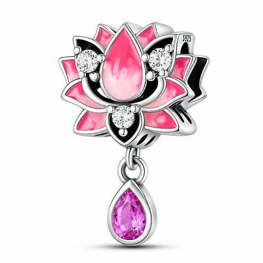 Pink Lotus Flower Sterling Silver Charm Hallmarked S925 for Charm Bracelet and Necklace