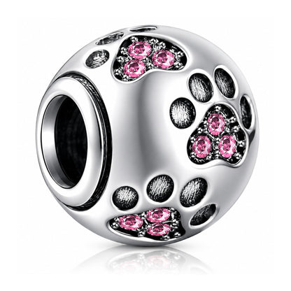 Pink Paw Print Animal Pet Dog Footprint Sterling Silver Charm Hallmarked S925 for Charm Bracelet and Necklace